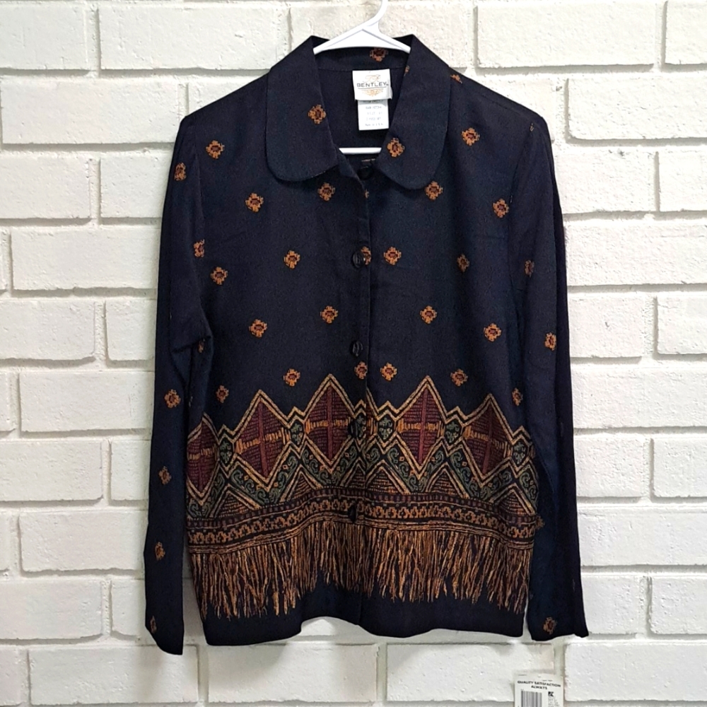 Bentley Black Boho Button Down Long Sleeve Blouse. Size 10 NWT